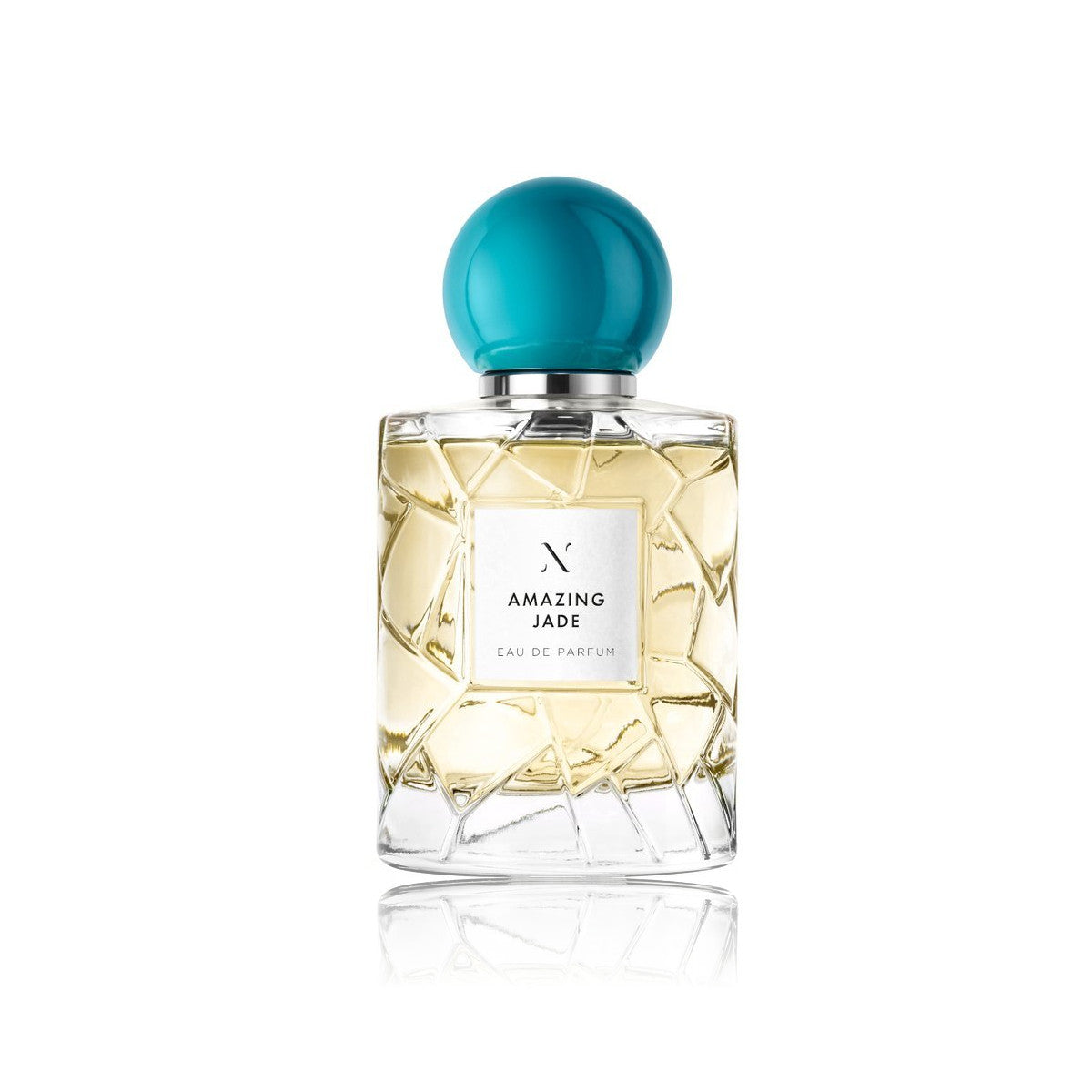 Perfume bottle with a turquoise cap on a white background