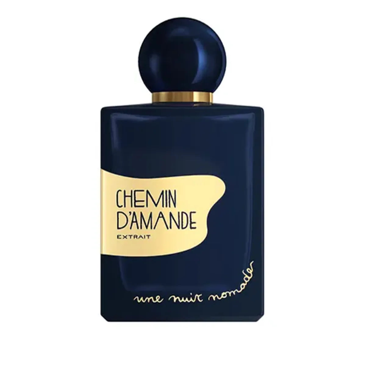 Chemin D’Amande Perfume bottle with blue cap and navy body on a white background