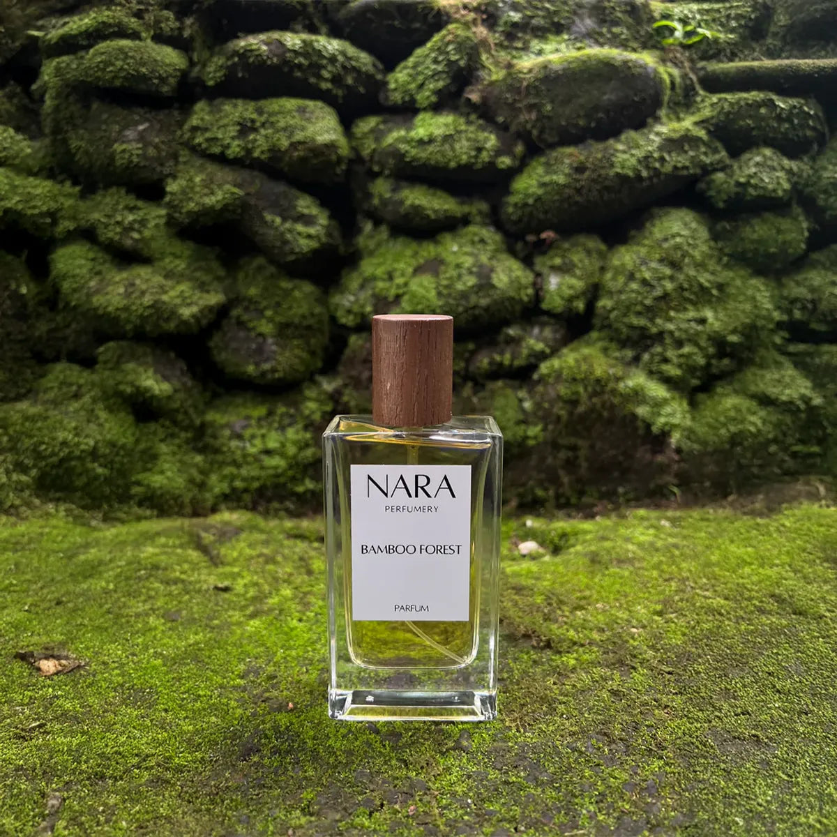 NARA Bamboo Forest perfume bottle on a mossy stone background