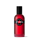Red bottle of Cuba Aromatics with black cap on a white background