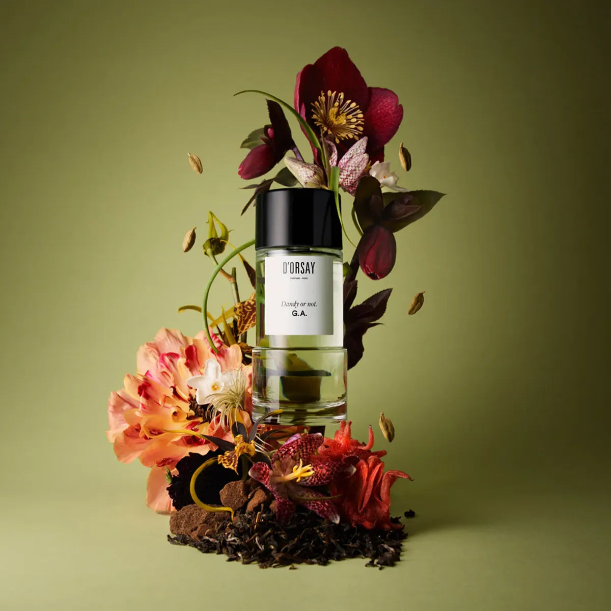 Bottle of DURSAY perfume surrounded by colorful flowers on a green background