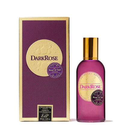 Dark Rose perfume bottle and packaging on a white background