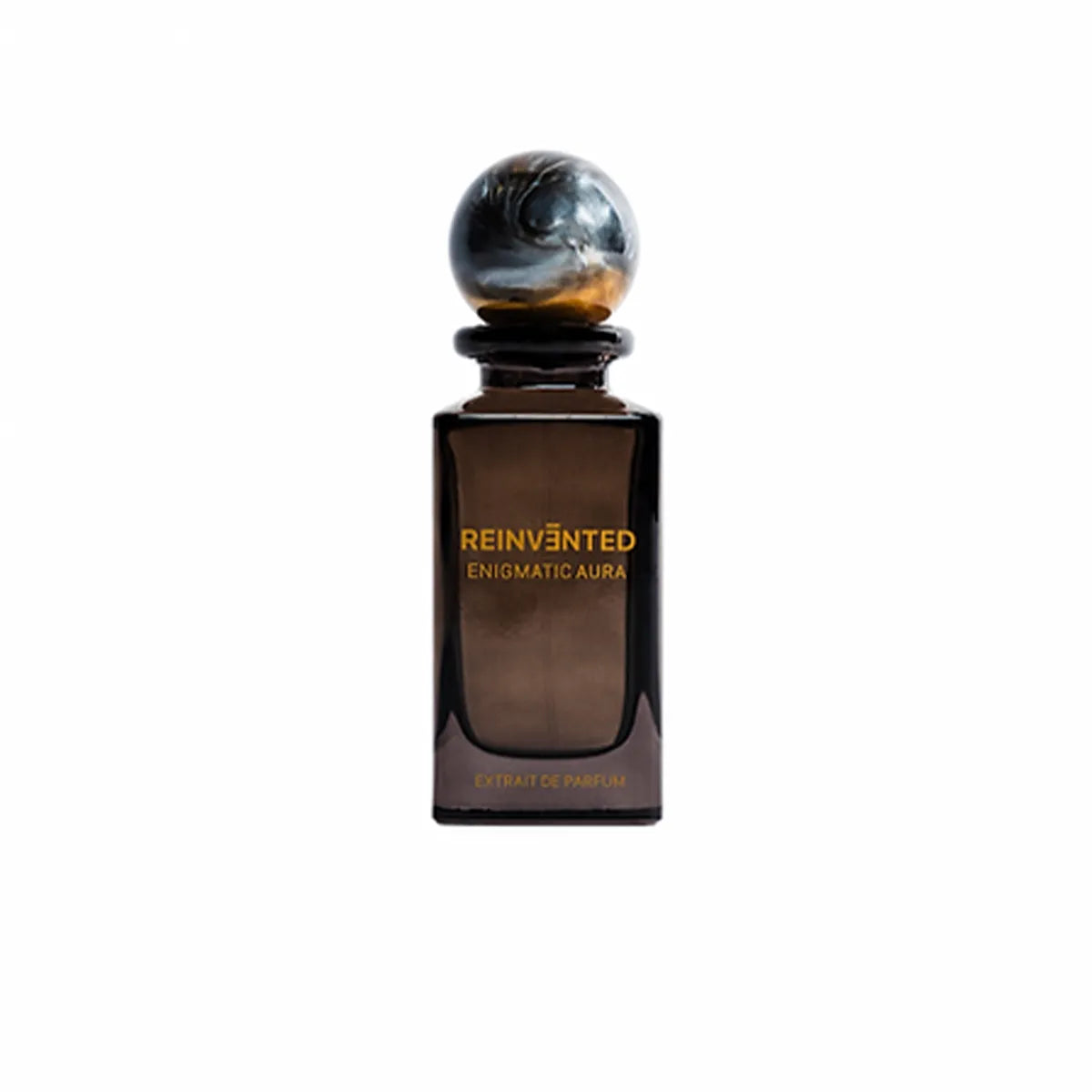 Perfume bottle labeled 'Reinvented Enigmatic Aura' on a white background