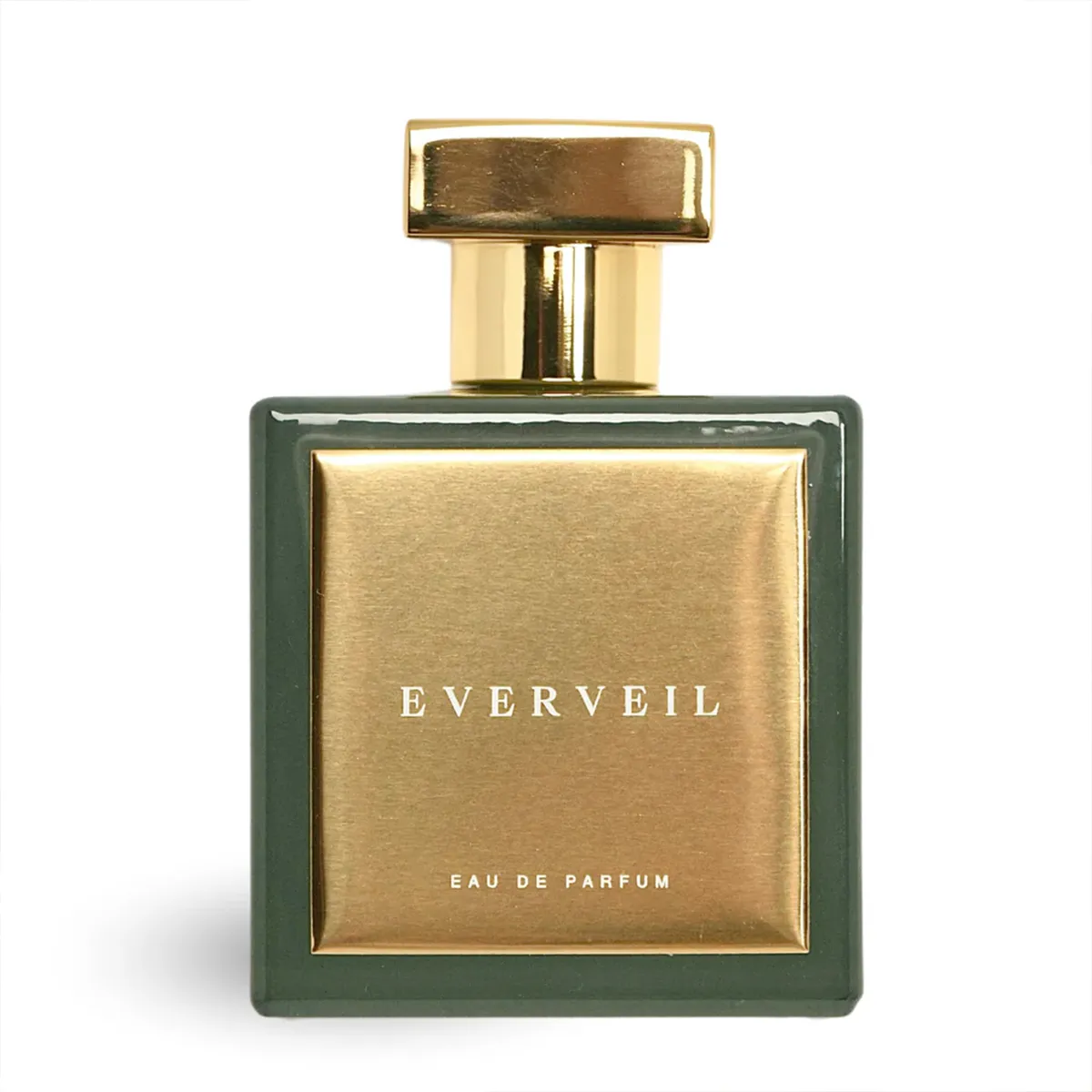 Perfume bottle with gold cap and 'EVERVEIL' branding on a white background