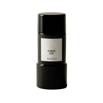 Black perfume bottle labeled 'Flower Lust' on a white background