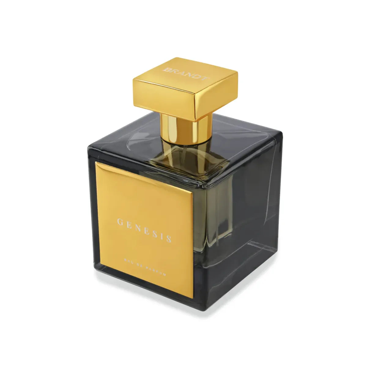 Perfume bottle with gold cap and label on a white background