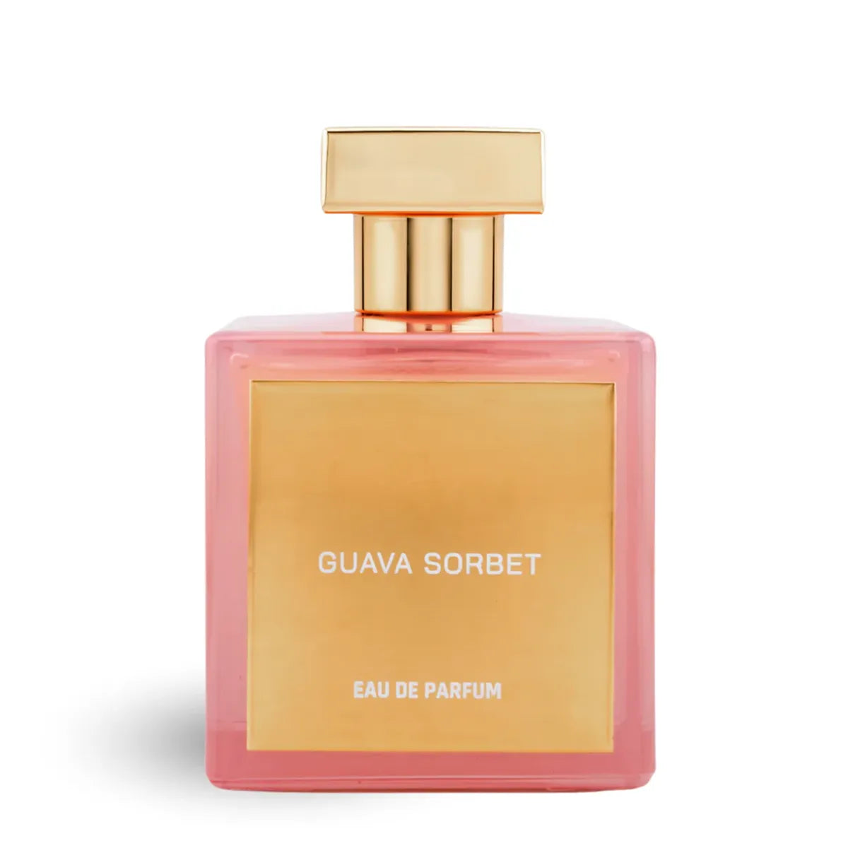 Pink and gold perfume bottle labeled 'Guava Sorbet' on a white background