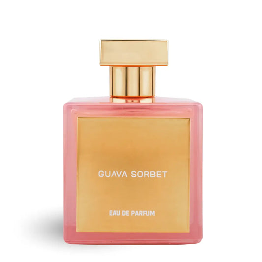Pink and gold perfume bottle labeled 'Guava Sorbet' on a white background