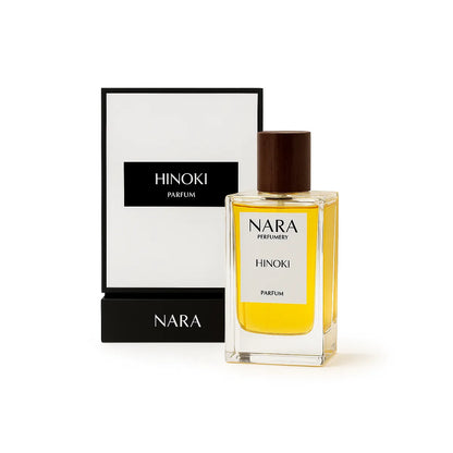 Nara Hinoki perfume bottle and packaging on a white background