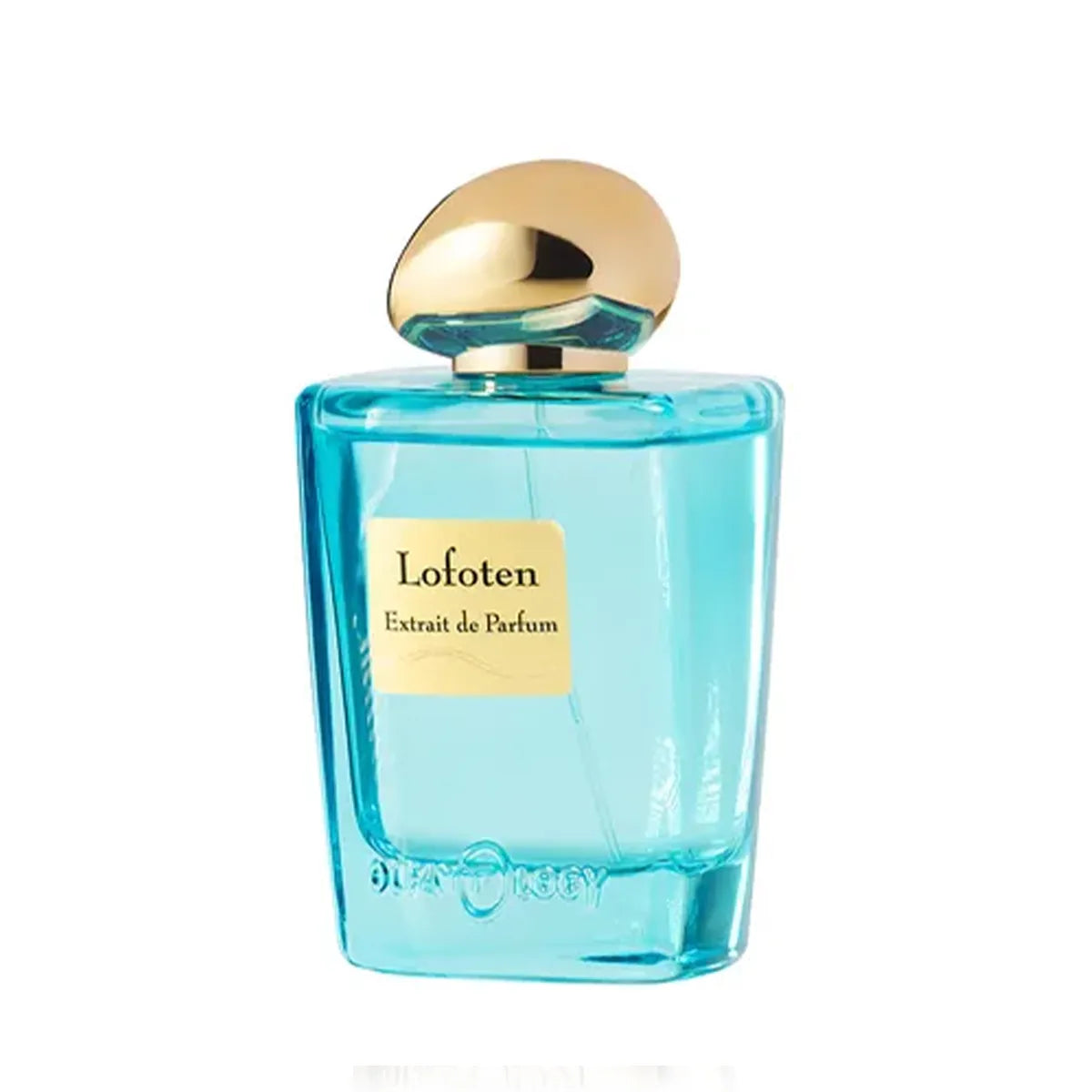 Blue perfume bottle with gold cap labeled 'Lofoten' on a white background