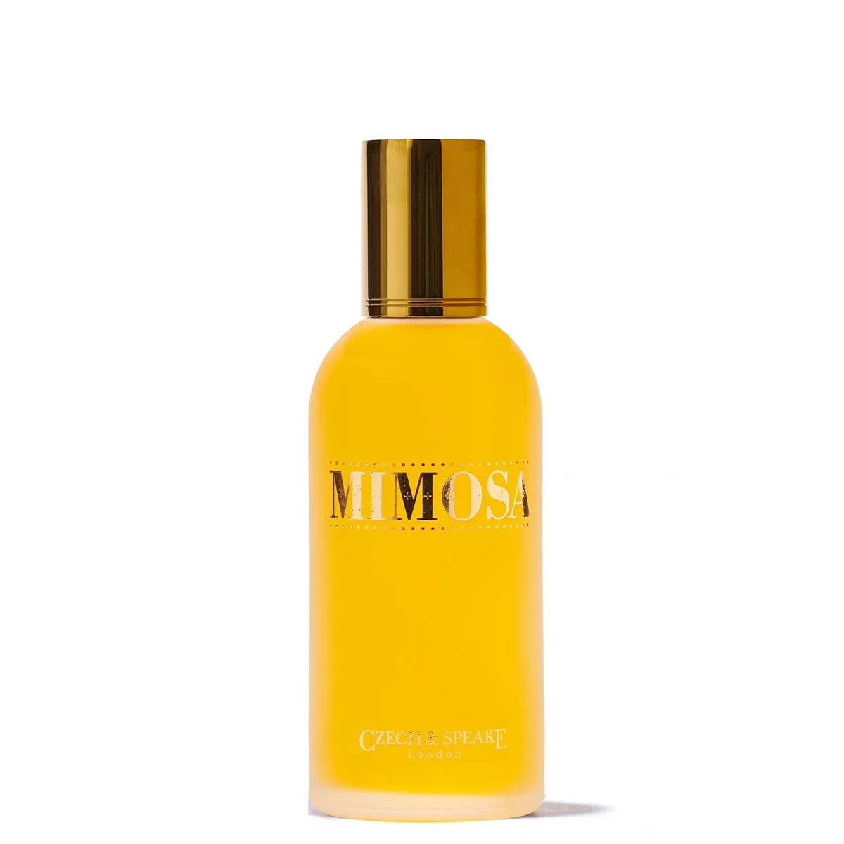 Yellow bottle with gold cap labeled 'Mimosa' on a white background