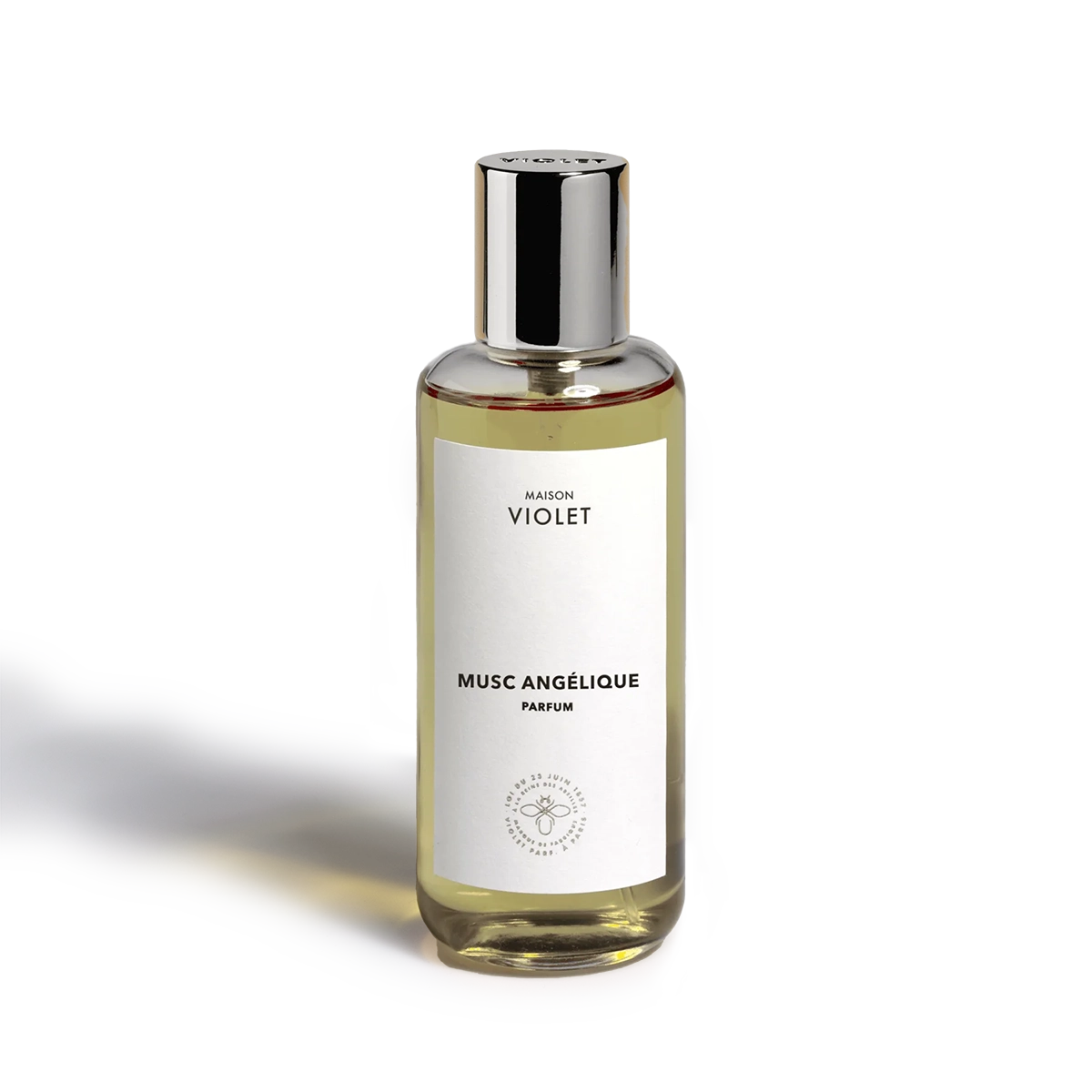 Musc Angélique by Maison Violet perfume bottle with silver cap on white background
