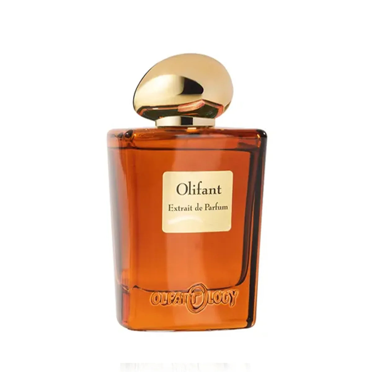 Brown Olifant perfume bottle with gold cap on a white background