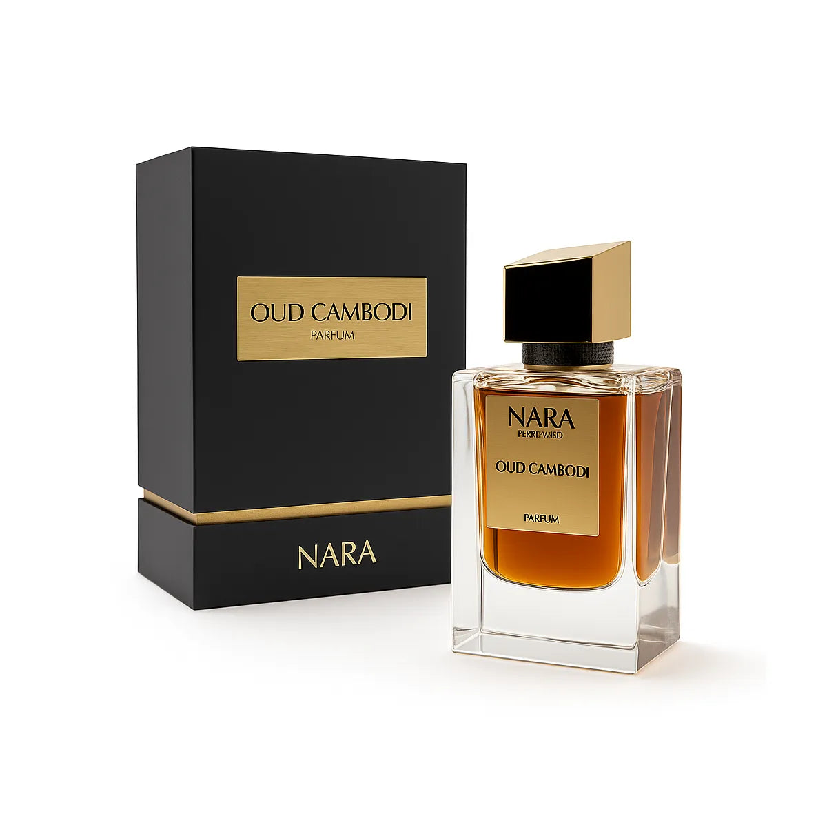 Nara Oud Cambodi perfume bottle and packaging on a white background