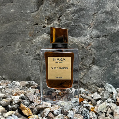 Nara Oud Cambodi perfume bottle on a rocky surface with a stone wall background