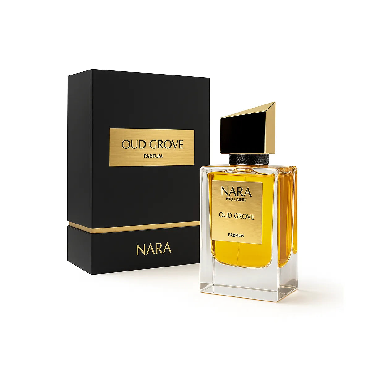 Nara Oud Grove perfume bottle and packaging on a white background