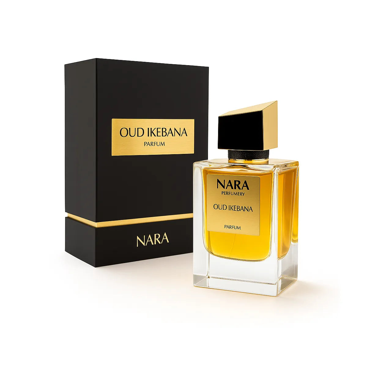 Nara Oud Ikebana perfume bottle and packaging on a white background