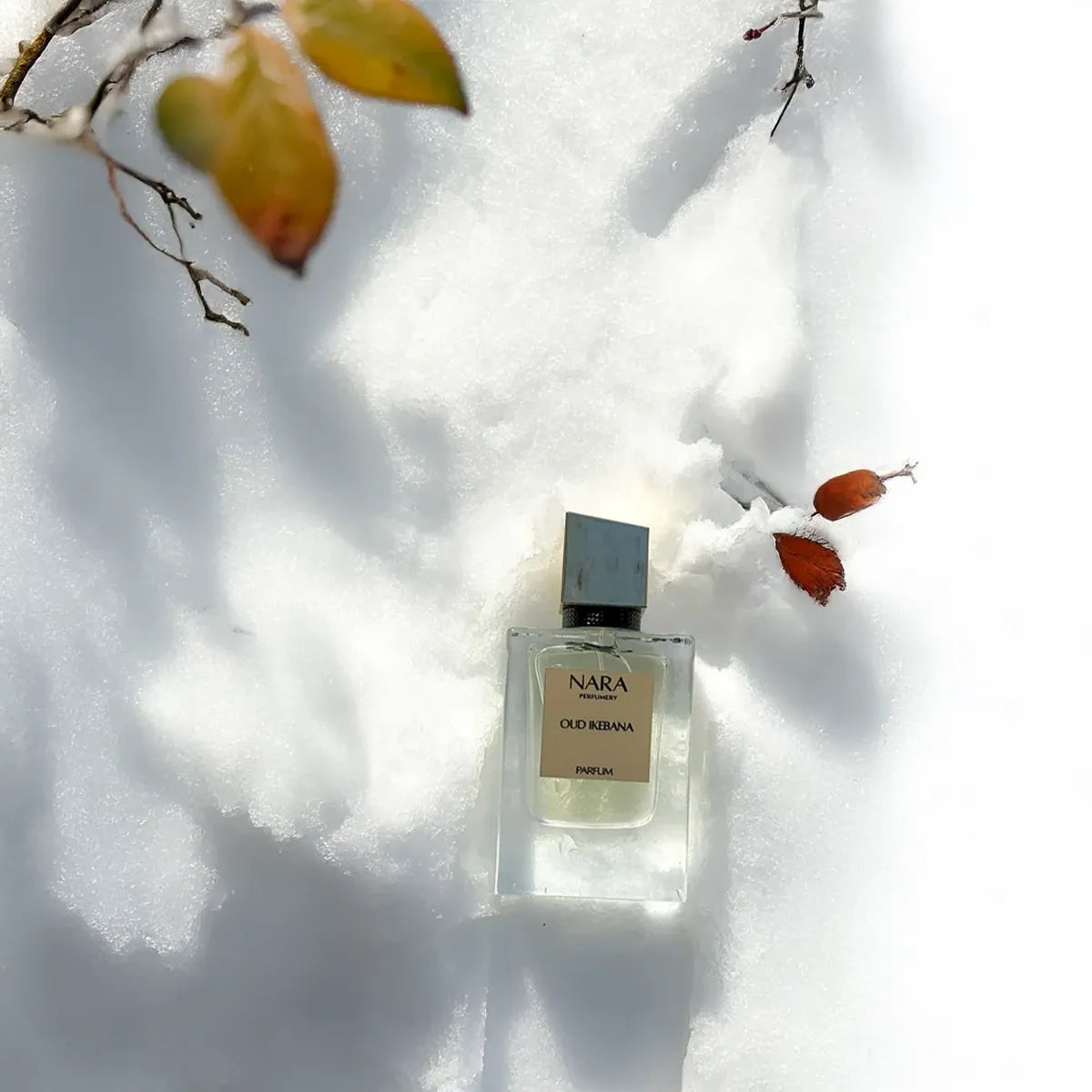 Nara perfume bottle in the snow with autumn leaves