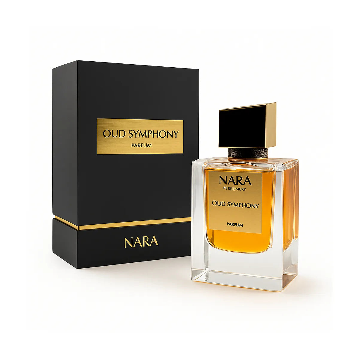 Nara Oud Symphony perfume bottle and packaging on a white background