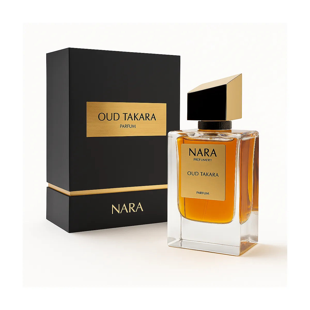 Nara Oud Takara perfume bottle and packaging on a white background