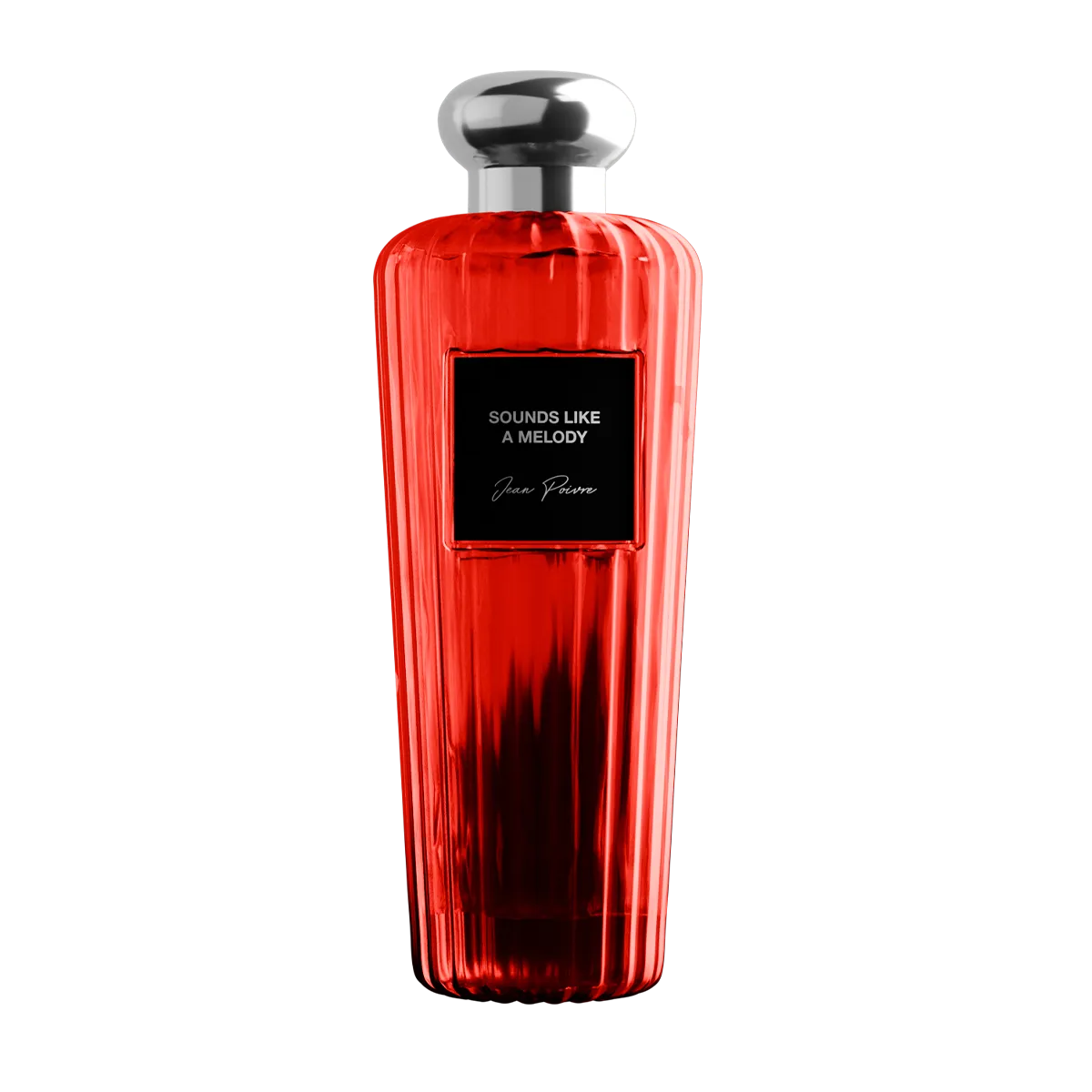 Red perfume bottle with silver cap on a white background