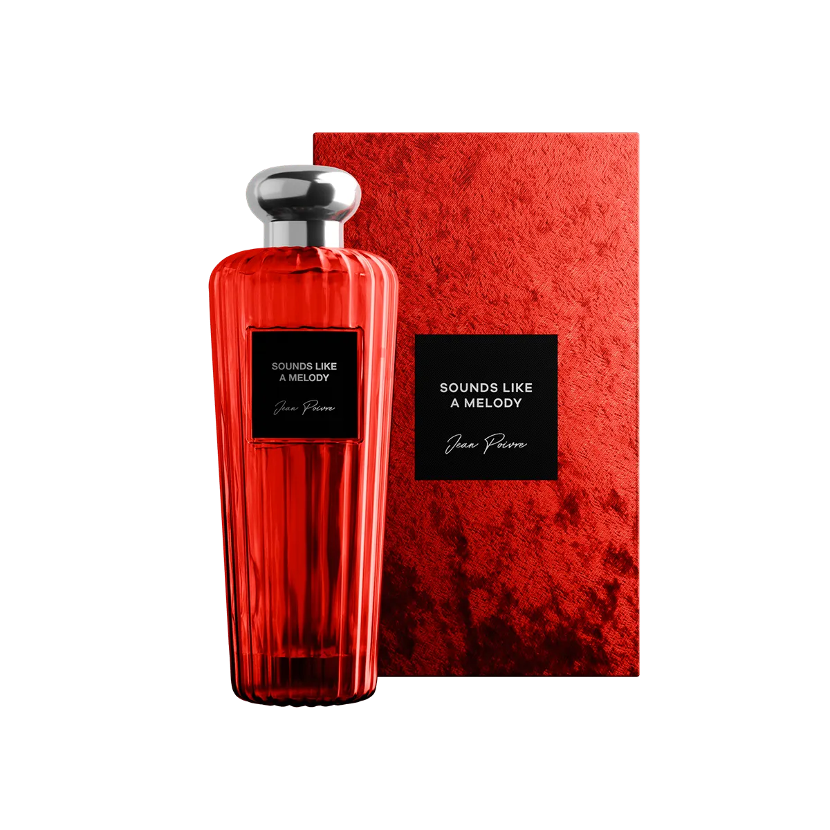 Red perfume bottle with silver cap and matching box on a white background