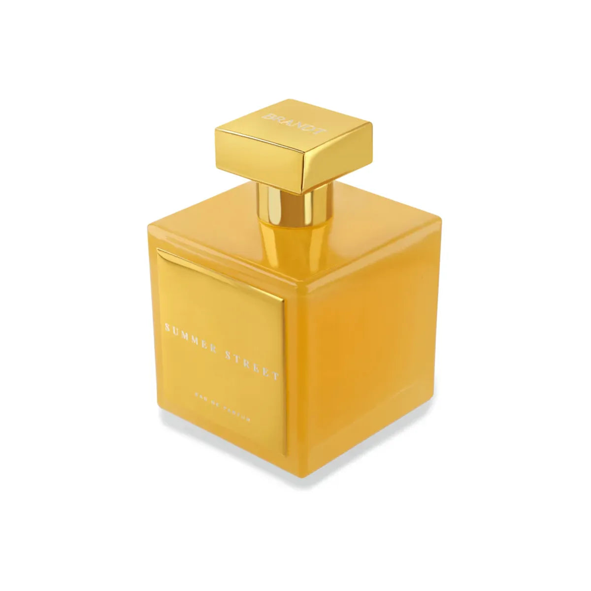 Yellow perfume bottle with gold cap on a white background