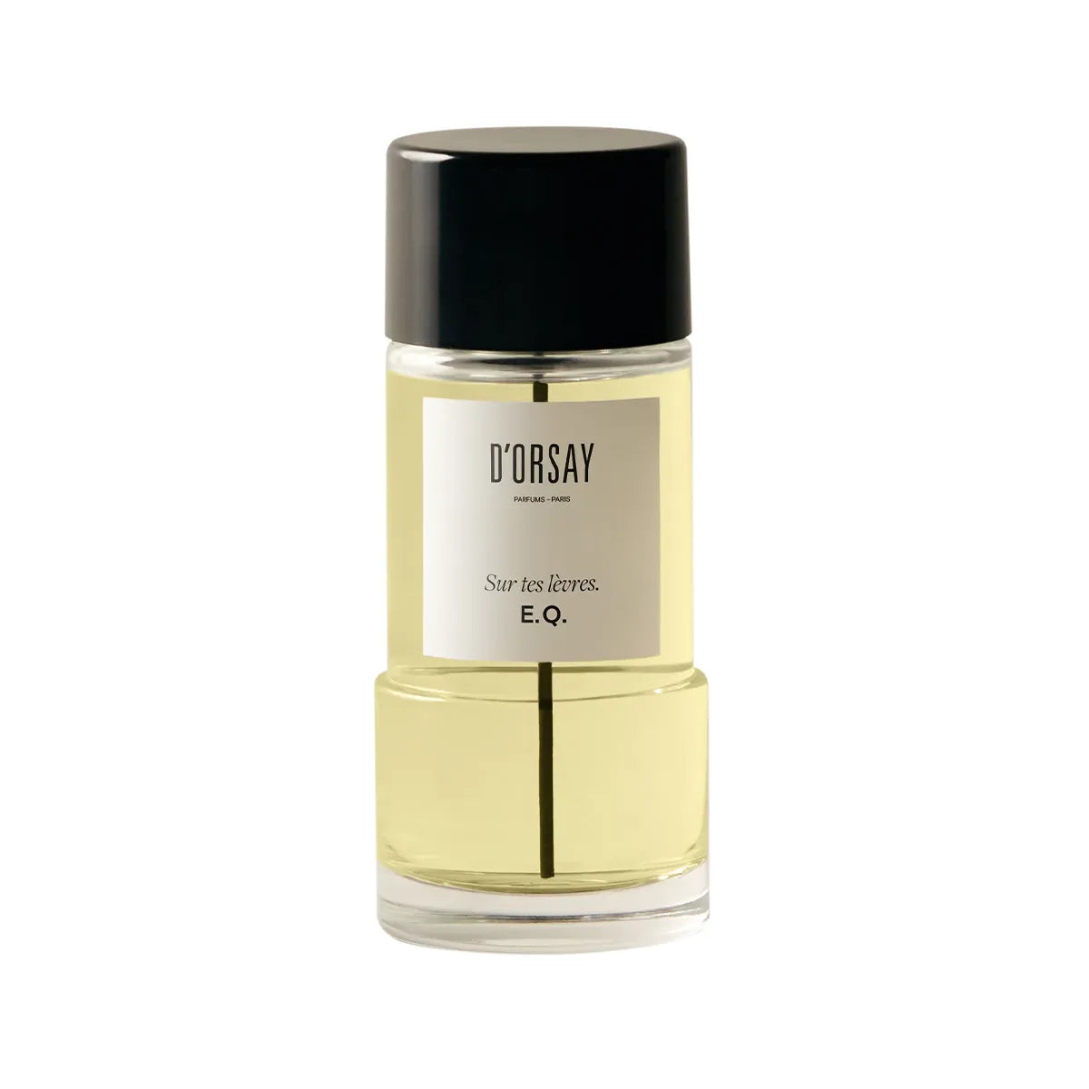 Perfume bottle with black cap and visible label on a white background