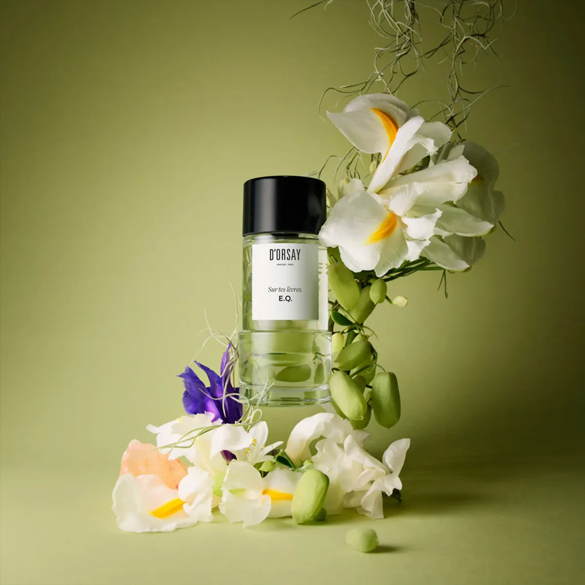Bottle of D'URSAY perfume surrounded by flowers on a green background