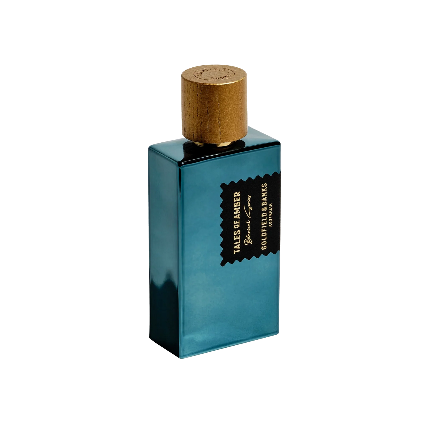 Teal perfume bottle with gold cap on a white background