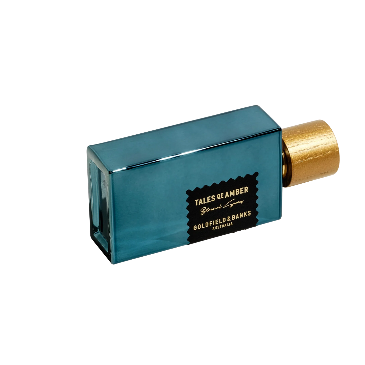 Teal perfume bottle with gold cap on a white background