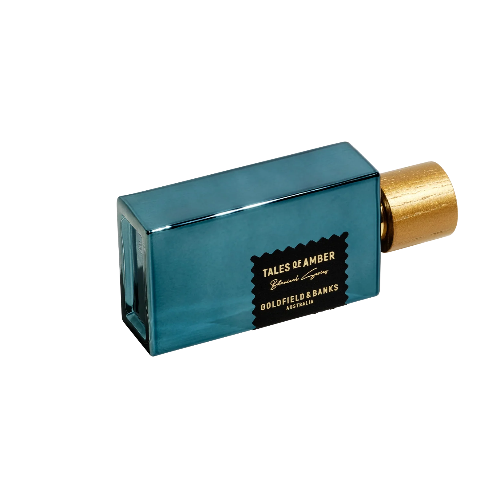 Teal perfume bottle with gold cap on a white background