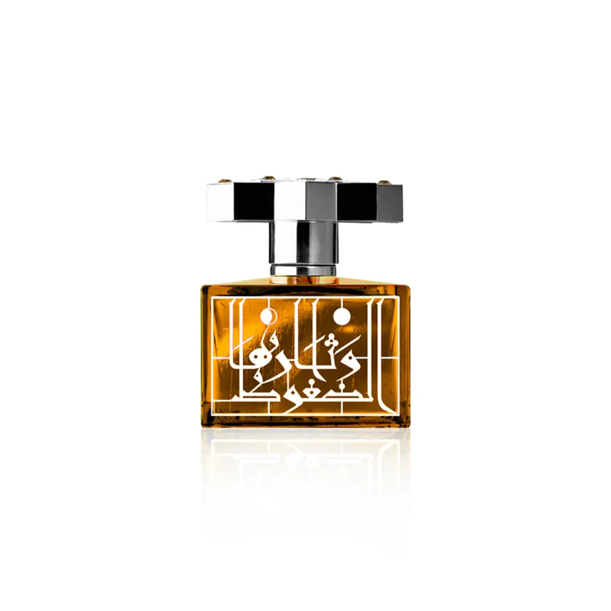 Perfume bottle with decorative label on a white background
