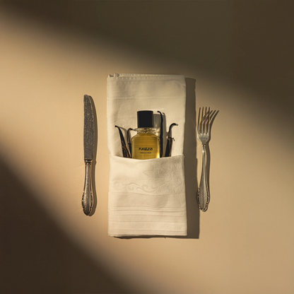 Set of cutlery and a bottle on a folded napkin against a beige background